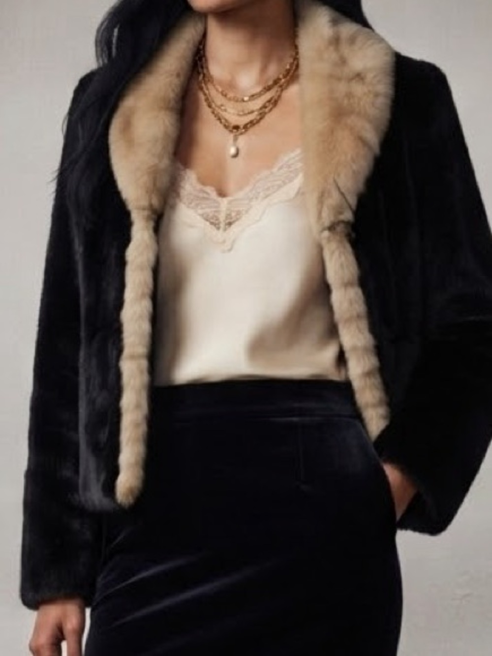 Vintage Blacked all Real Fur Jacket with a Rabbit Fur Beige Collar